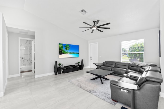 12111 Sugar Pine Trl, Wellington, FL 33414 - living room with vaulted ceiling, a ceiling fan, and baseboards