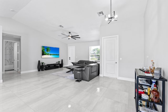 12111 Sugar Pine Trl, Wellington, FL 33414 - living room with vaulted ceiling, a ceiling fan, a chandelier, baseboards, and light tile patterned floors