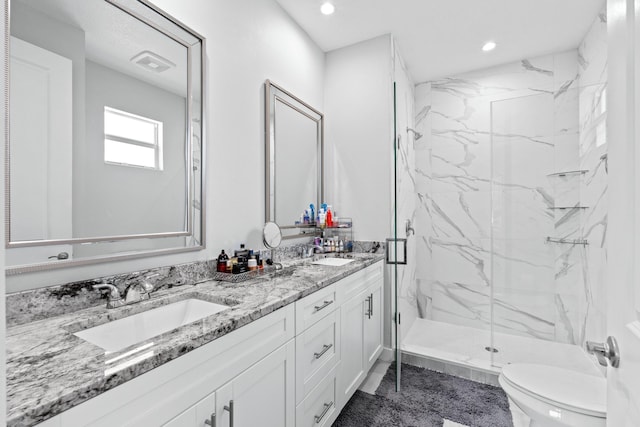12111 Sugar Pine Trl, Wellington, FL 33414 - bathroom with toilet, double vanity, a marble finish shower, and recessed lighting