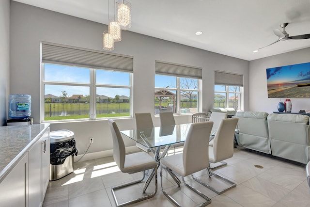 5968 Jasmine Ln, Westlake, FL 33470 - dining room with light tile patterned floors, recessed lighting, a chandelier, a ceiling fan, and baseboards
