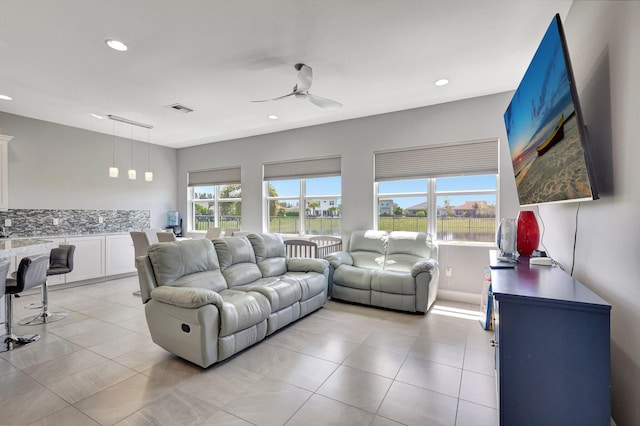 5968 Jasmine Ln, Westlake, FL 33470 - living room featuring a ceiling fan, light tile patterned floors, and recessed lighting