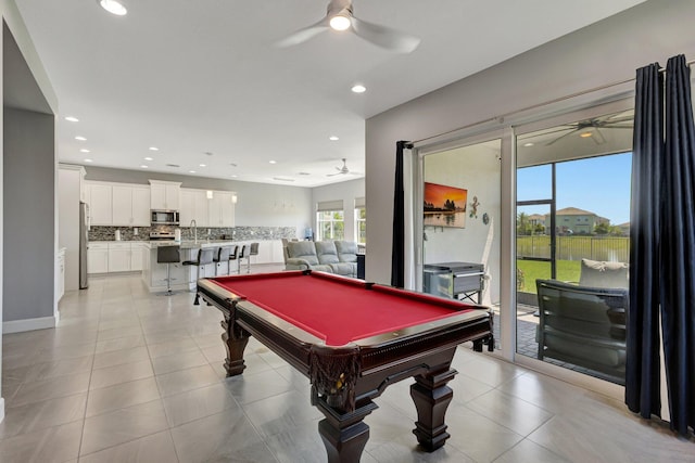 5968 Jasmine Ln, Westlake, FL 33470 - game room featuring ceiling fan, billiards, recessed lighting, light tile patterned floors, and a sink