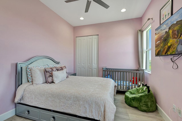 5968 Jasmine Ln, Westlake, FL 33470 - bedroom with a closet, baseboards, light wood-style flooring, ceiling fan, and recessed lighting