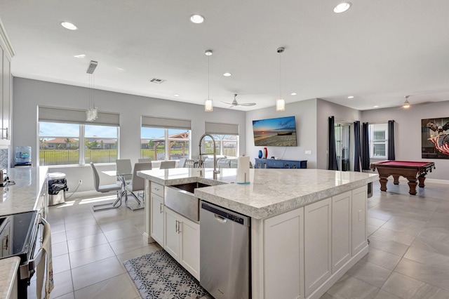 5968 Jasmine Ln, Westlake, FL 33470 - kitchen with stainless steel appliances, a sink, recessed lighting, billiards table, and ceiling fan