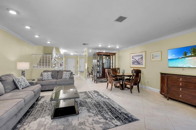 living area featuring ornamental molding, light tile patterned floors, baseboards, stairway, and recessed lighting