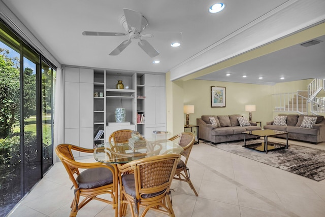 dining space featuring light tile patterned floors, ceiling fan, and recessed lighting