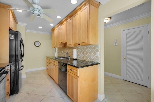 kitchen featuring black appliances, a sink, ornamental molding, light tile patterned floors, and decorative backsplash