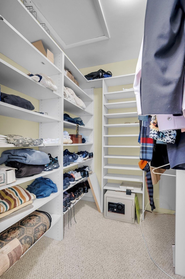 walk in closet with carpet