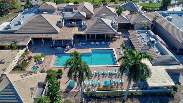 aerial perspective of suburban area with a pool