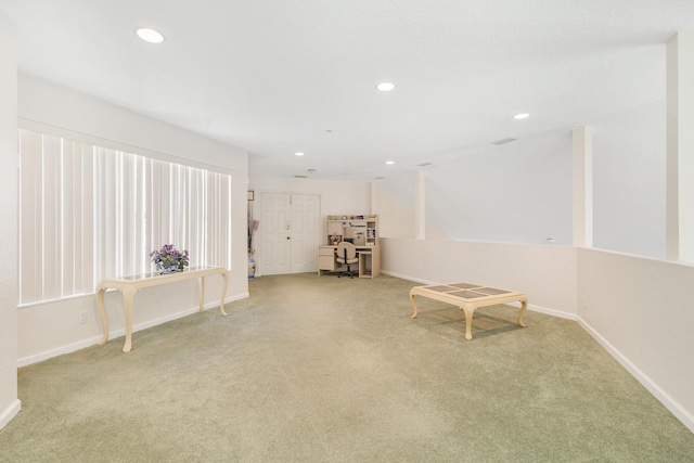sitting room with carpet, baseboards, an office area, and recessed lighting
