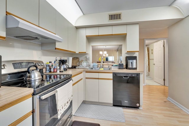 kitchen with dishwasher, stainless steel electric range, under cabinet range hood, a sink, and light wood finished floors