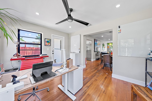 1613 N J Ter, Lake Worth Beach, FL 33460 - home office featuring a ceiling fan, baseboards, light wood finished floors, and recessed lighting