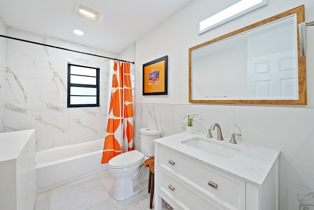 1613 N J Ter, Lake Worth Beach, FL 33460 - full bathroom with tile walls, toilet, vanity, shower / bath combo with shower curtain, and tile patterned flooring