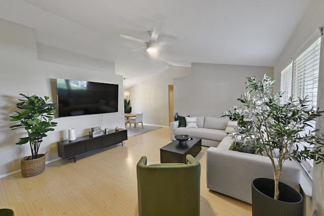 10687 Katmandu Ct, Boynton Beach, FL 33437 - living room with vaulted ceiling, a ceiling fan, wood finished floors, and baseboards