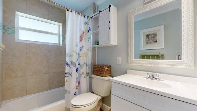 full bath featuring toilet, vanity, and shower / tub combo