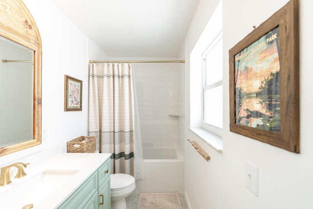 full bathroom with toilet, vanity, shower / bathtub combination with curtain, and tile patterned floors