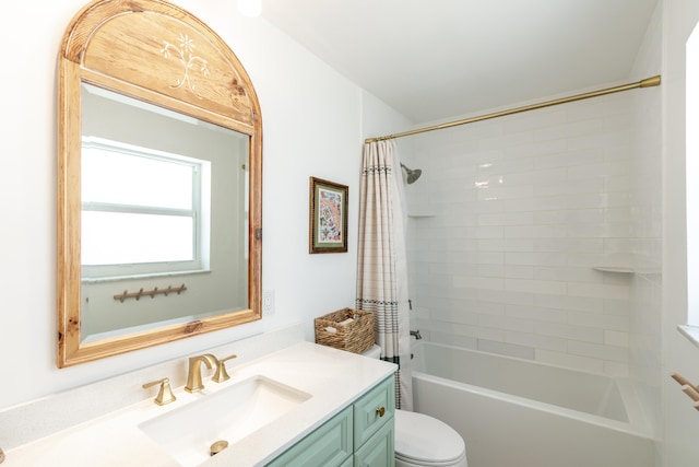 bathroom with toilet, vanity, and shower / bath combination with curtain