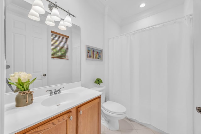 1909 Flower Dr, Palm Beach Gardens, FL 33410 - bathroom featuring vanity, tile patterned flooring, crown molding, and curtained shower