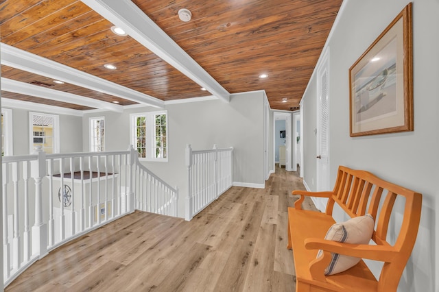 1909 Flower Dr, Palm Beach Gardens, FL 33410 - corridor featuring an upstairs landing, a wooden ceiling with exposed beams, wood finished floors, and recessed lighting