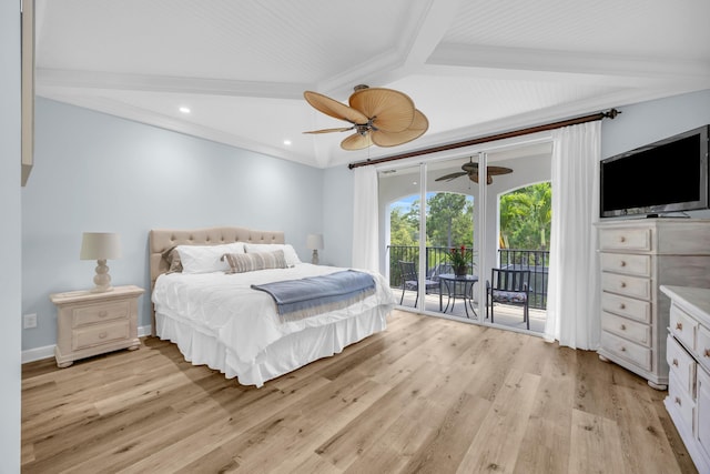 1909 Flower Dr, Palm Beach Gardens, FL 33410 - bedroom featuring access to outside, light wood-style floors, beam ceiling, recessed lighting, and ceiling fan