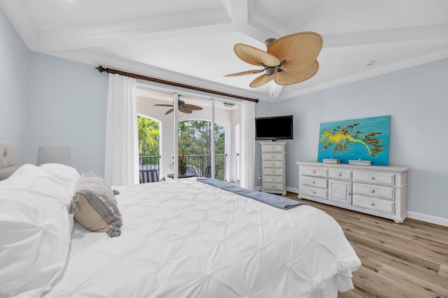1909 Flower Dr, Palm Beach Gardens, FL 33410 - bedroom featuring access to outside, wood finished floors, ceiling fan, and beam ceiling