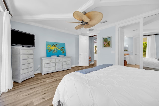 1909 Flower Dr, Palm Beach Gardens, FL 33410 - bedroom featuring light wood-type flooring, ornamental molding, ceiling fan, and recessed lighting