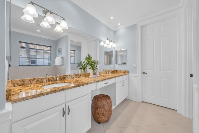 1909 Flower Dr, Palm Beach Gardens, FL 33410 - full bath featuring double vanity, crown molding, tile patterned floors, and recessed lighting