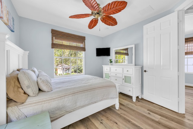 1909 Flower Dr, Palm Beach Gardens, FL 33410 - bedroom with light wood-style flooring, multiple windows, and ceiling fan