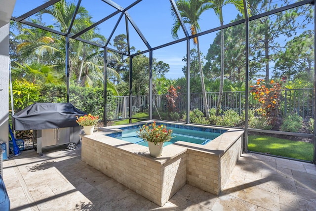 1909 Flower Dr, Palm Beach Gardens, FL 33410 - view of swimming pool with an in-ground hot tub, a patio area, a fenced backyard, glass enclosure, and a grill
