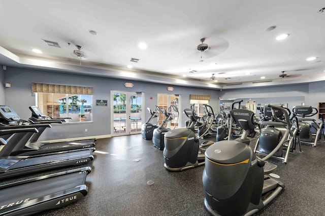 1909 Flower Dr, Palm Beach Gardens, FL 33410 - exercise room with a ceiling fan, recessed lighting, and french doors