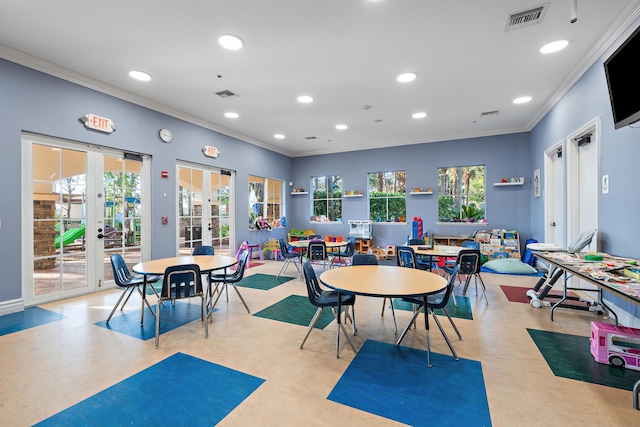 1909 Flower Dr, Palm Beach Gardens, FL 33410 - rec room featuring french doors, crown molding, and recessed lighting