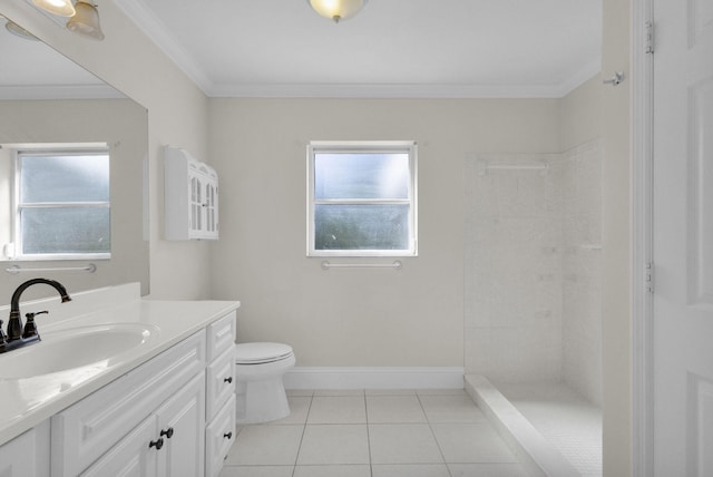 8888 SE Colony St, Hobe Sound, FL 33455 - full bath featuring vanity, tiled shower, ornamental molding, tile patterned flooring, and toilet