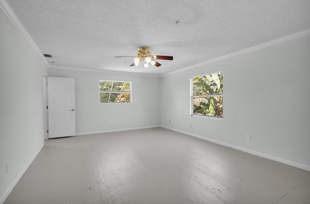 8888 SE Colony St, Hobe Sound, FL 33455 - unfurnished room featuring crown molding, a ceiling fan, a textured ceiling, baseboards, and concrete floors