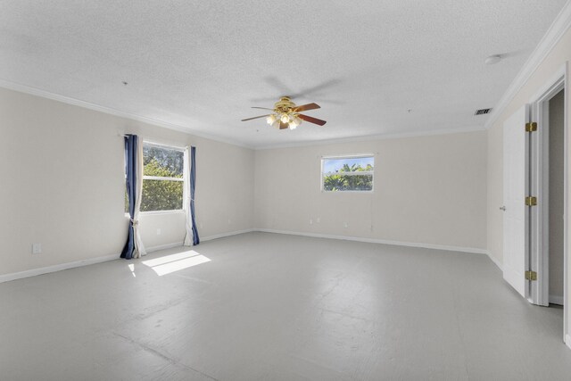 8888 SE Colony St, Hobe Sound, FL 33455 - unfurnished room with ornamental molding, healthy amount of natural light, a ceiling fan, a textured ceiling, and concrete flooring