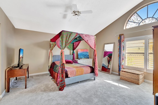 bedroom featuring carpet floors, baseboards, a ceiling fan, and high vaulted ceiling