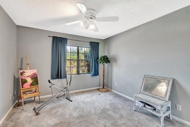 living area with carpet, a textured ceiling, ceiling fan, and baseboards