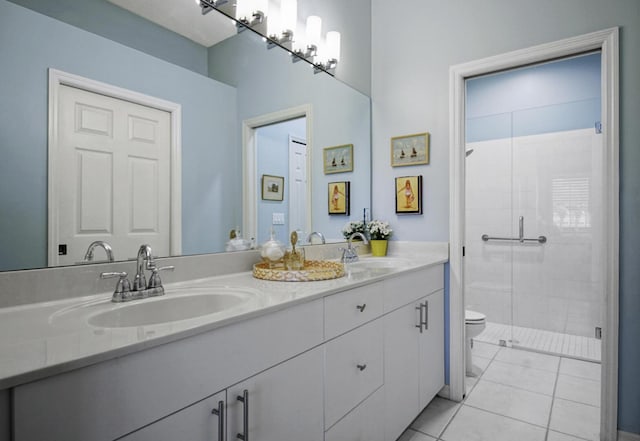 full bathroom with tile patterned floors, toilet, a stall shower, and double vanity