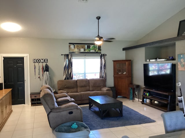 3834 SE 12th Dr, Okeechobee, FL 34974 - living room featuring light tile patterned floors, a ceiling fan, and lofted ceiling