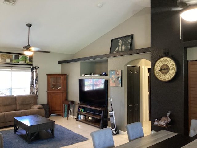 3834 SE 12th Dr, Okeechobee, FL 34974 - tiled living area with lofted ceiling and ceiling fan