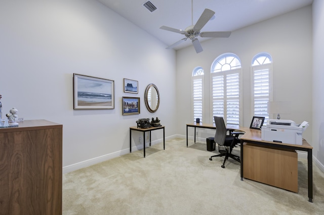 212 Montant Dr, Palm Beach Gardens, FL 33410 - office featuring a ceiling fan, light carpet, baseboards, and high vaulted ceiling