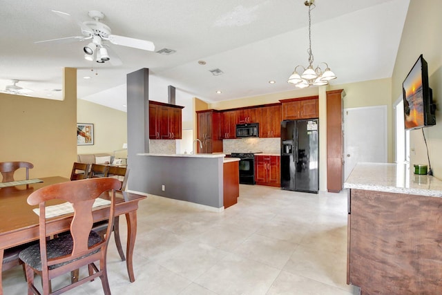 1541 SW 102nd Ter, Davie, FL 33324 - kitchen with black appliances, vaulted ceiling, a peninsula, backsplash, and a ceiling fan