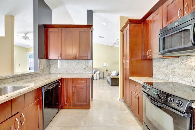 1541 SW 102nd Ter, Davie, FL 33324 - kitchen featuring black appliances, a ceiling fan, light stone countertops, and backsplash
