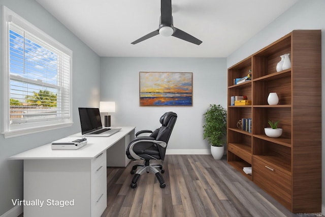 412 SW Dailey Ave, Port Saint Lucie, FL 34953 - office featuring dark wood-type flooring, ceiling fan, and baseboards