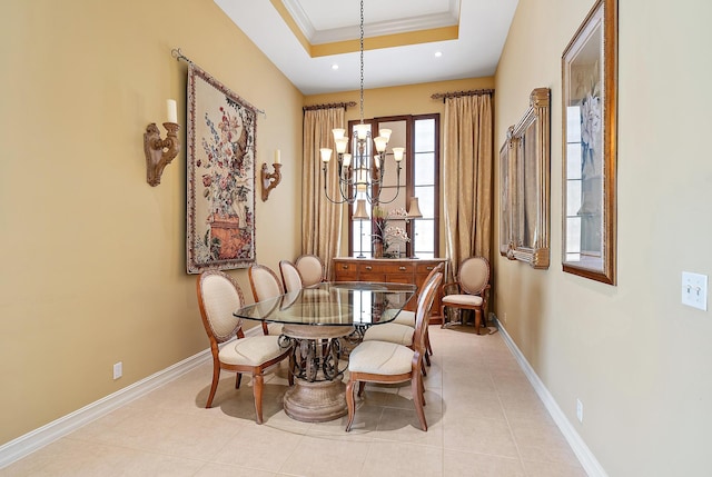 7731 Blue Heron Way, West Palm Beach, FL 33412 - dining area featuring a chandelier, a tray ceiling, baseboards, light tile patterned floors, and recessed lighting