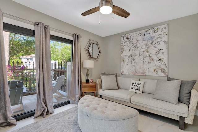 living room with ceiling fan