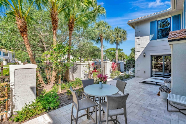 view of patio with a fenced backyard and outdoor dining space