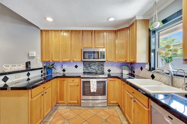 16888 W Downers Dr W, The Acreage, FL 33470 - kitchen featuring stainless steel appliances, a sink, a textured ceiling, a peninsula, and dark countertops