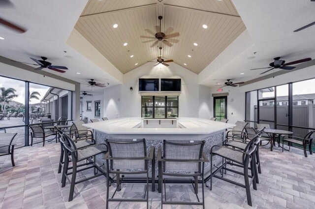 9865 SW Meridian Way, Stuart, FL 34997 - dining area featuring recessed lighting, vaulted ceiling, a ceiling fan, and wooden ceiling