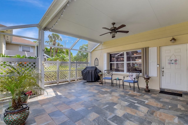 5201 Wheatley Ct, Boynton Beach, FL 33436 - view of patio featuring area for grilling, ceiling fan, and glass enclosure
