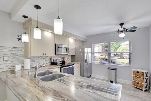 5201 Wheatley Ct, Boynton Beach, FL 33436 - kitchen with stainless steel appliances, a sink, decorative backsplash, a peninsula, and a ceiling fan